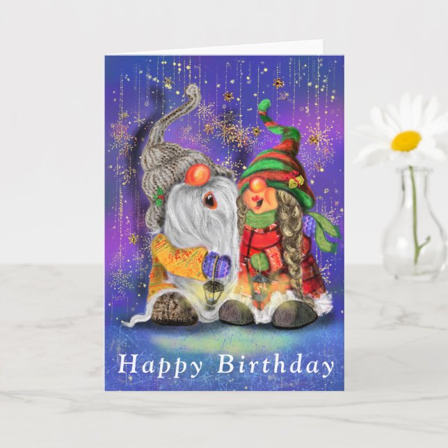Couple Hugged Gnomes Singing Happy Song - Birthday Card (Small Plant)