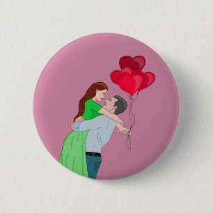 Couple Hugging While Holding Heart Shaped Balloons 6 Cm Round Badge