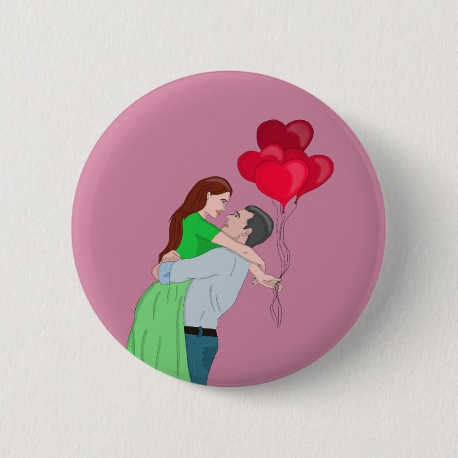 Couple Hugging While Holding Heart Shaped Balloons 6 Cm Round Badge (Front)