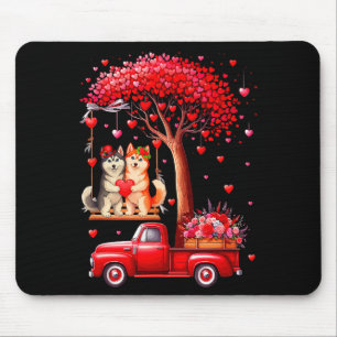 Couple Huskies Valentine Hearts Tree Pickup Truck Mouse Mat