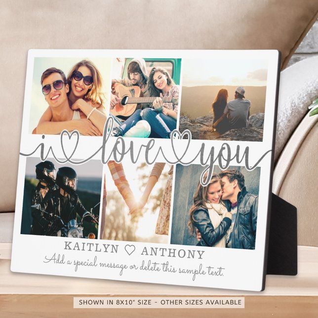Couple I LOVE YOU Photo Collage Silver Grey Script Plaque (Creator Uploaded)