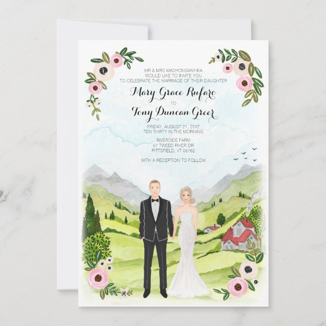 Couple Illustrated Portrait Rustic Wedding Invitation (Front)