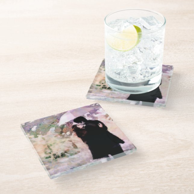 Couple in Love Kissing In The Rain Abstract Art Glass Coaster (Angled)
