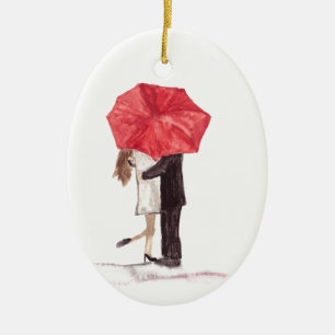 Couple in love under red umbrella ceramic tree decoration