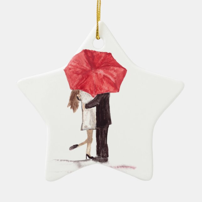 Couple in love under red umbrella ceramic tree decoration (Front)