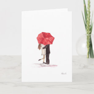 Couple in love under red umbrella romantic rustic card