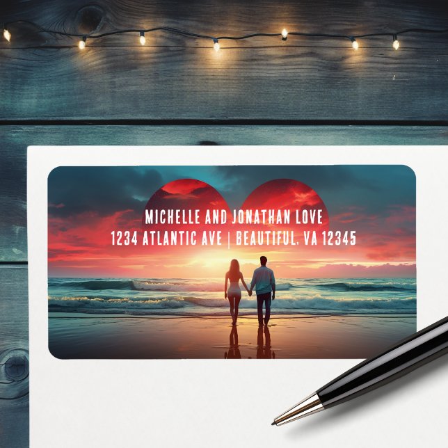 Couple in Love with Heart Sunset Beach Address Label (Couple in Love with Heart Sunset Beach Address Label)