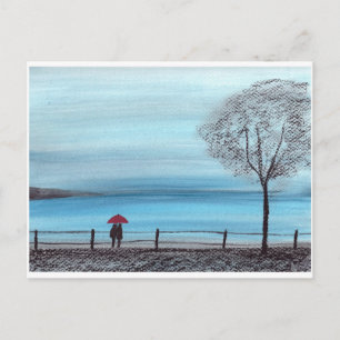 Couple in love with red umbrella postcard