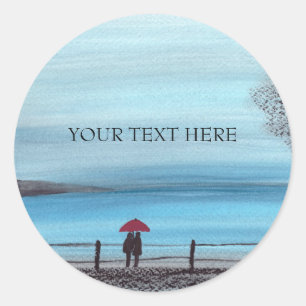 Couple in love with red umbrella postcard classic round sticker