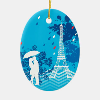 Couple in Paris with Eiffle Tower Ceramic Tree Decoration