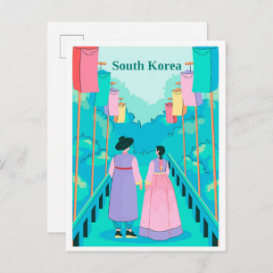 Couple in Seoul South Korea Travel Illustration Postcard