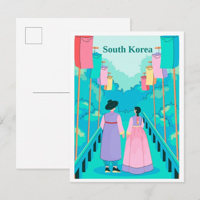 Couple in Seoul South Korea Travel Illustration Postcard (Front/Back)