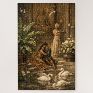 Couple In Swan Garden Retro Orientalism Jigsaw Puzzle