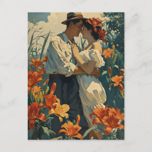 Couple in Vintage Lily Field: Timeless Beauty Postcard