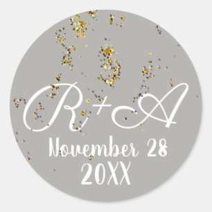 couple initials + confetti wedding classic round sticker