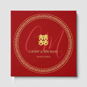 Couple initials modern Chinese wedding red Guest Book
