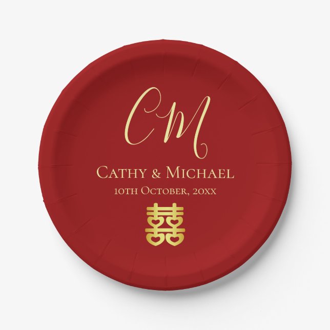Couple initials modern Chinese wedding red Paper Plate (Front)