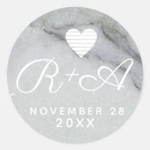 couple initials on white marble wed classic round sticker
