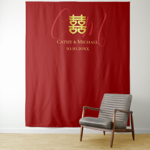 Couple initials red Chinese wedding photo backdrop Tapestry