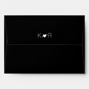 couple initials with a heart, black wedding envelopes