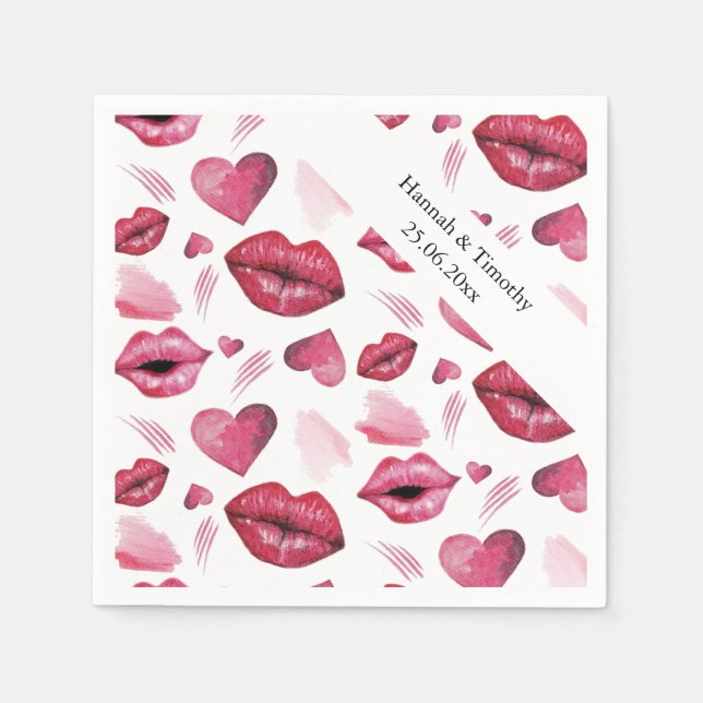 Couple Kiss And Hearts Pattern Watercolor Napkin (Front)
