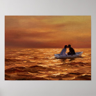 Couple Kissing in Rowboat at Sunset Art Poster