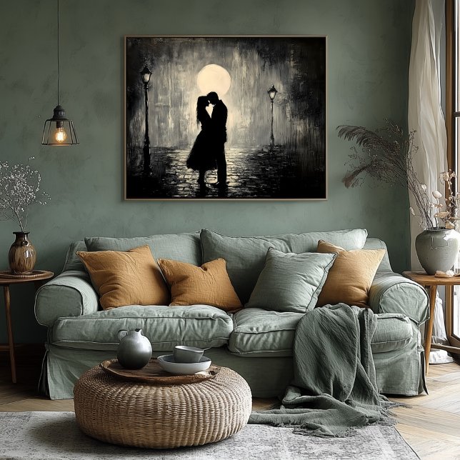 Couple Kissing Under Streetlights by Night in B&W  Poster (Creator Uploaded)