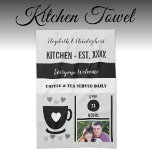 Couple kitchen est date coffee photo black tea towel<br><div class="desc">Transform your kitchen with our personalised Kitchen towel! Featuring names, year of establishment, and the charming phrase "Coffee and Tea Served Daily, " this towel is a cosy and functional addition. Perfect for wiping, displaying, or gifting, it adds a warm, personalised touch to your space. Pair it with a photo...</div>