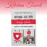 Couple kitchen est date coffee photo red tea towel<br><div class="desc">Transform your kitchen with our personalised Kitchen towel! Featuring names, year of establishment, and the charming phrase "Coffee and Tea Served Daily, " this towel is a cosy and functional addition. Perfect for wiping, displaying, or gifting, it adds a warm, personalised touch to your space. Pair it with a photo...</div>