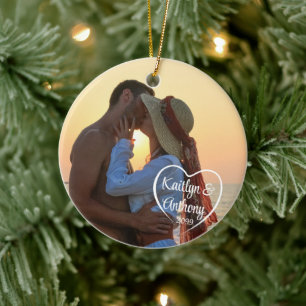 Couple Love Heart Photo Names Ceramic Tree Decoration