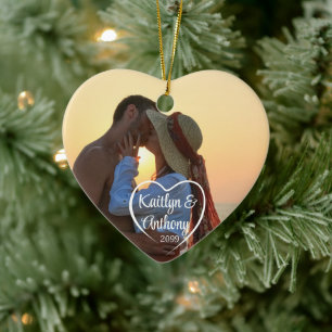 Couple Love Heart Photo Names Ceramic Tree Decoration