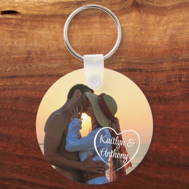 Couple Love Heart Photo Names Key Ring (Front)