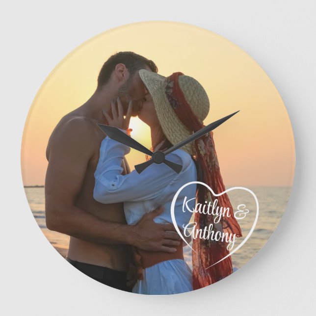 Couple Love Heart Photo Names Large Clock (Front)