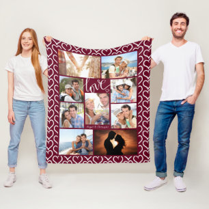 Couple LOVE  Hearts Pattern 9 Photo Collage Black Fleece Blanket