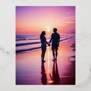 Couple Love Romantic Sunset Silhouette Beautiful  Foil Holiday Postcard