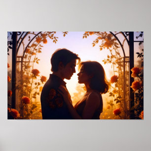 Couple Love Romantic Sunset Silhouette Wedding Poster