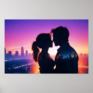 Couple Love Romantic Sunset Silhouette Wedding Poster