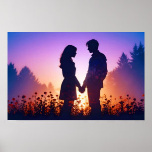 Couple Love Romantic Sunset Silhouette Wedding Poster
