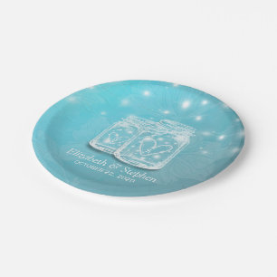 Couple Mason Jar String Lights Blue Floral Wedding Paper Plate