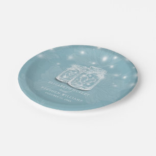 Couple Mason Jar String Lights Blue Floral Wedding Paper Plate