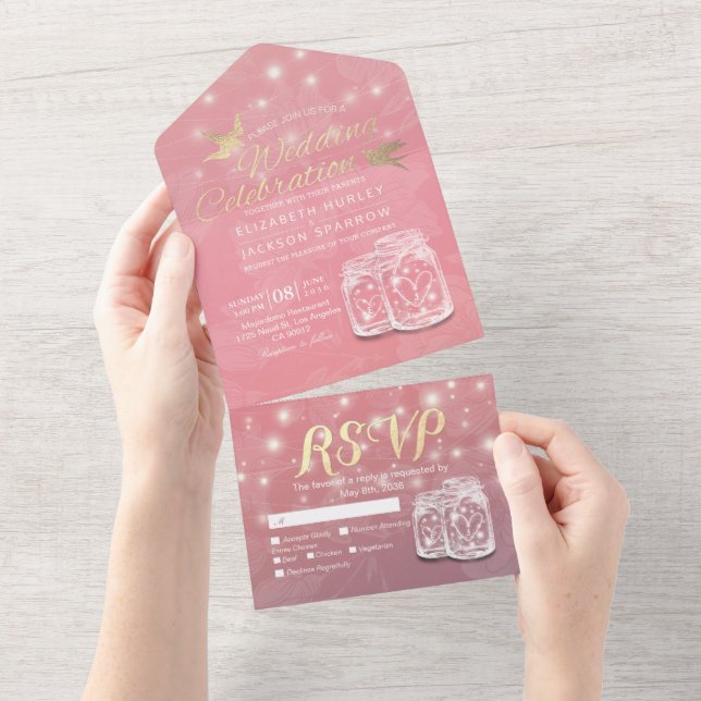 Couple Mason Jar String Lights Pink Floral Wedding All In One Invitation (Tearaway)