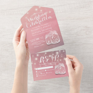 Couple Mason Jar String Lights Pink Floral Wedding All In One Invitation