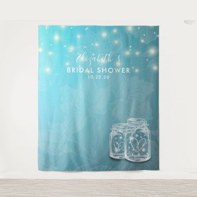 Couple Mason Jars Floral Bridal Shower Backdrop Tapestry (Front)