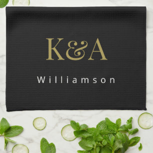 Couple Monogram Black Gold White Modern Minimal Tea Towel