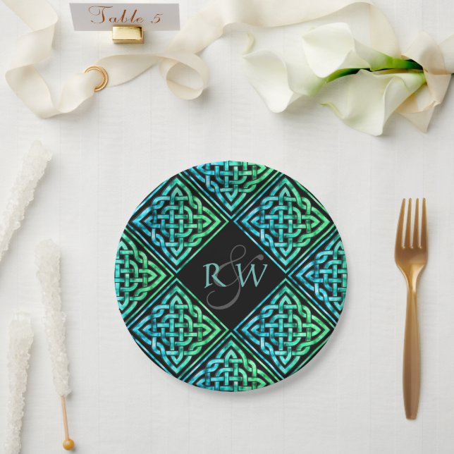 Couple Monogram Celtic Blue Green Paper Plates (Wedding)