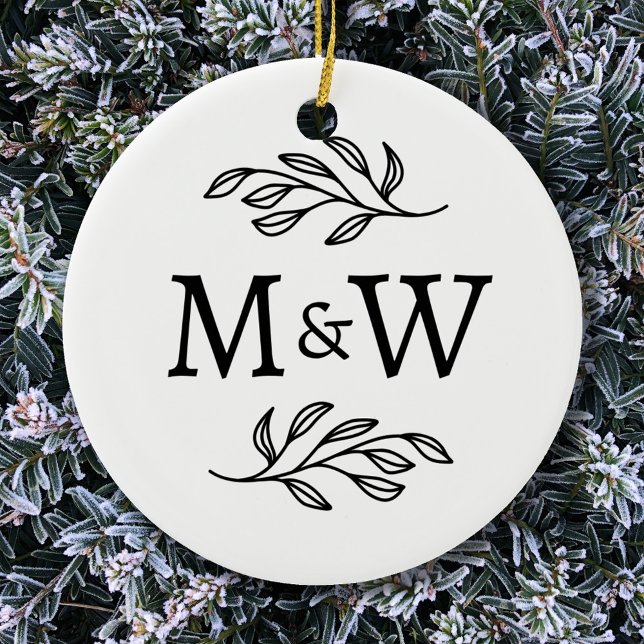 Couple Monogram Elegant Botanical Ceramic Tree Decoration (Couple monogram initials personalized botanical leaves ceramic ornament)