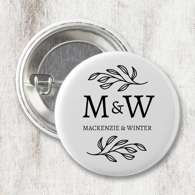 Couple Monogram Names Wedding Elegant Botanical 3 Cm Round Badge (Modern wedding couple monogram initials name personalized botanical leaf button)