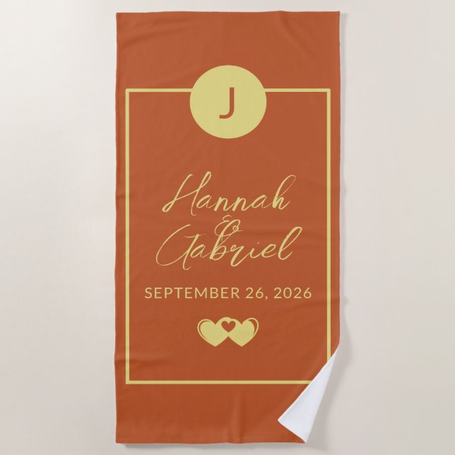 Couple Monogram Terracotta Gold Beach Towel (Front)