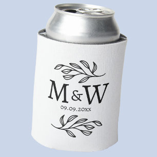 Couple Monogram Wedding Date Elegant Botanical Can Cooler
