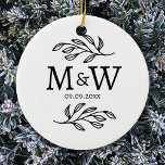 Couple Monogram Wedding Date Elegant Botanical Ceramic Tree Decoration<br><div class="desc">Add a touch of class to your decor with this unique personalised couple monogram initial and wedding date botanical leaves design.  Modern,  minimalist and simple serif font for a sophisticated look.  Original art by Nic Squirrell.</div>